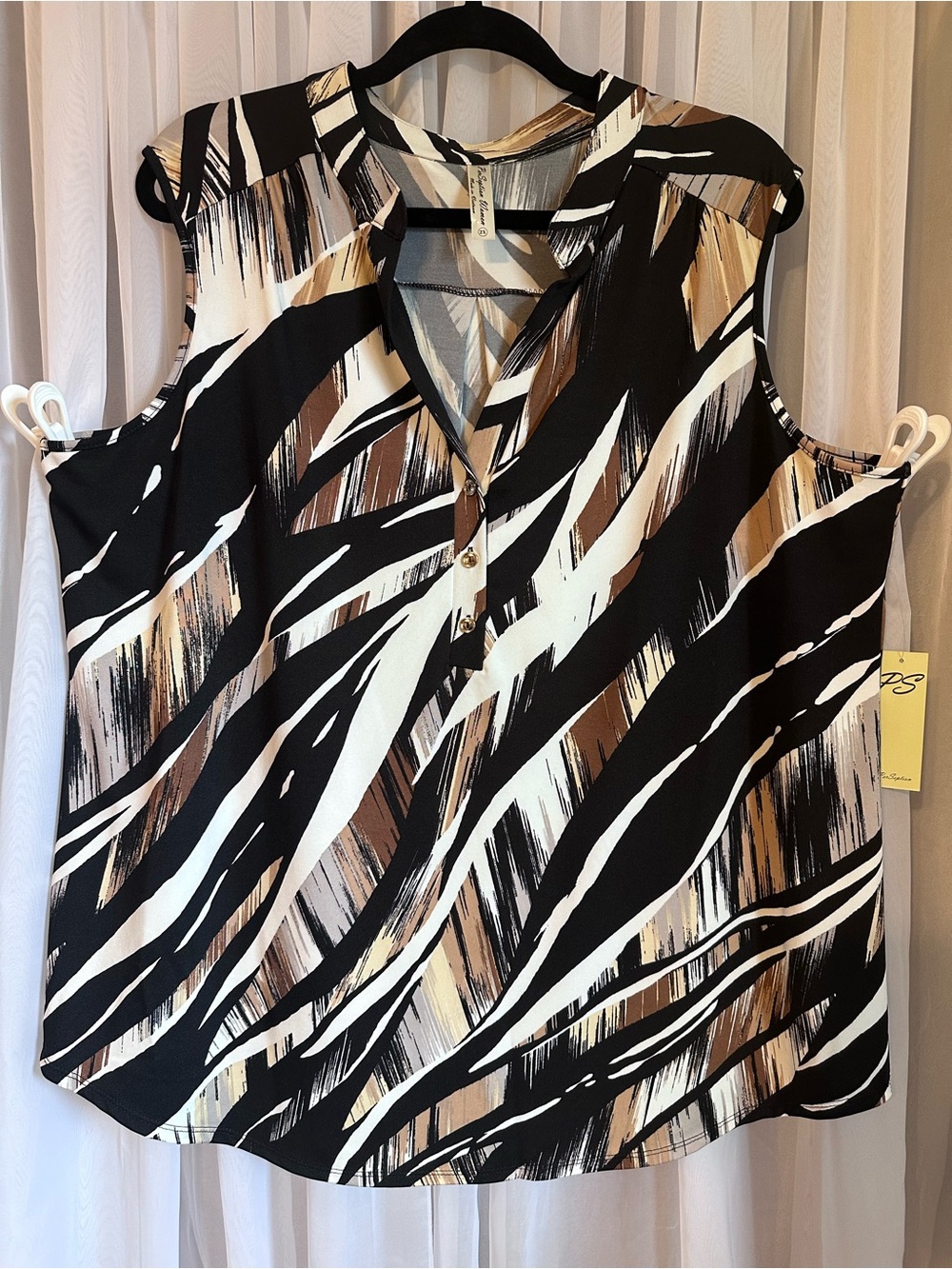 Perseption Concept Sleeveless V-Neck Black, White & Brown Tank Top Size 2X